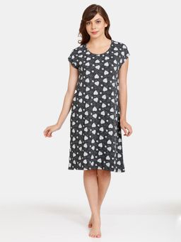 Zivame - Rosaline Geo Blooms Knit Cotton Knee Length Nightdress - Beauty - Black