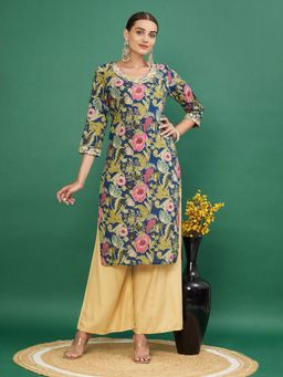 Vbuyz - Women's Floral Print Straight Cotton V-Neck Aqua Kurta