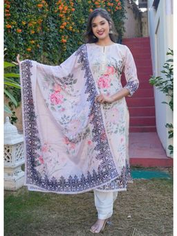 Vbuyz - Women's Floral Print Straight Chinon Off White Kurta & Pant with Dupatta (Set of 3)