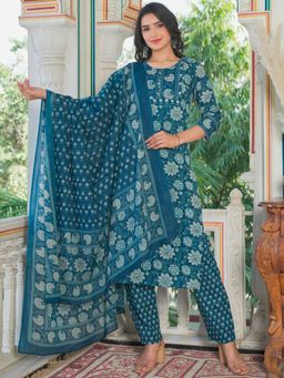 Vbuyz - Women's Floral Print Straight Cotton Teal Kurta & Pant with Dupatta (Set of 3)