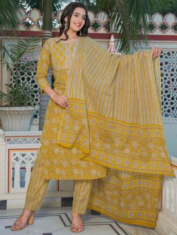Vbuyz - Women's Floral Print Straight Cotton Mustard Kurta & Pant with Dupatta (Set of 3)