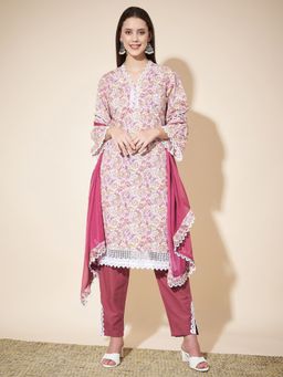 Vbuyz - Women's Floral Printed Straight Cotton Pink Kurta & Pant with Dupatta (Set of 3)
