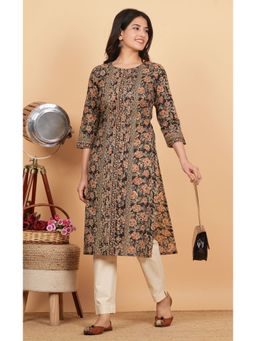 Vbuyz - Women's Floral Print Straight Cotton Black Kurta