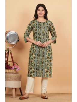 Vbuyz - Women's Floral Print Straight Cotton Teal Kurta