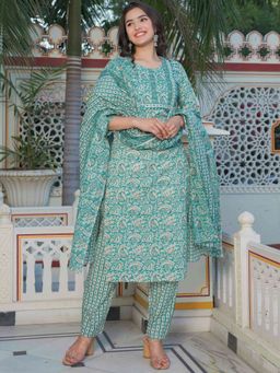 Vbuyz - Women's Kalamkari Print Straight Cotton Turquoise Kurta & Pant Dupatta Set (Set of 3)
