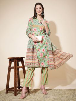 Vbuyz - Women's Floral Print Pure Cotton Light Green Kurta & Pant with Dupatta (Set of 3)
