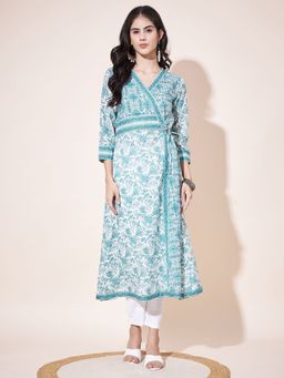 Vbuyz - Women's Floral Print Angarkha A-Line Cotton Sky Blue Kurta