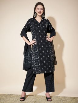 Vbuyz - Womens Printed Straight Cotton Black Kurta & Pant with Dupatta (Set of 3)