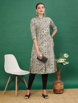 Vbuyz - Women's Kalamkari Print Straight Beige Kurta
