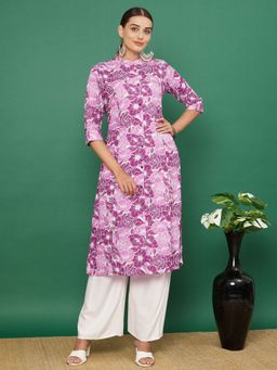 Vbuyz - Women's Floral Print Straight Rayon Rani Pink Kurta