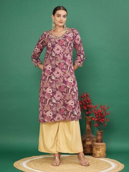 Vbuyz - Women's Floral Printed Straight Cotton Wine Kurta