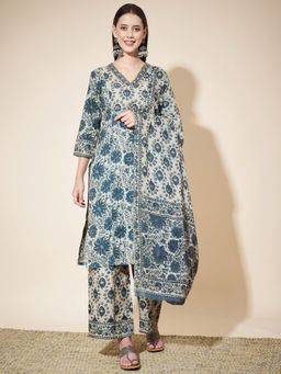 Vbuyz - Women's Floral Printed Straight Cotton Teal Kurta & Palazzo with Dupatta (Set of 3)