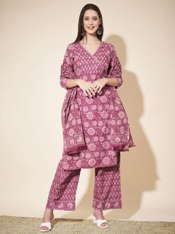 Vbuyz - Women's Floral Printed Straight Cotton Dark Pink Kurta & Palazzo with Dupatta (Set of 3)