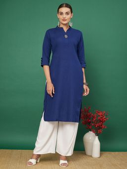 Vbuyz - Women's Embroidered Straight Cotton Flex Blue Kurta