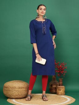 Vbuyz - Women's Solid Straight Cotton Flex Blue Kurta