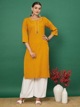 Vbuyz - Women's Solid Straight Cotton Flex Mustard Kurta