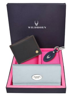 WILDHORN - Premium Leather Ladies Wallet, Mens Wallet and Keychain Gift -1K_EBL_2052BK2_K (Set of 3)