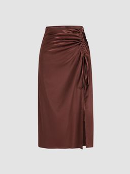 Cider - Satin Brown Drawstring Midi Skirt