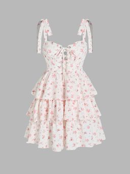 Cider - Ditsy Floral Lace Up Layered Mini Dress