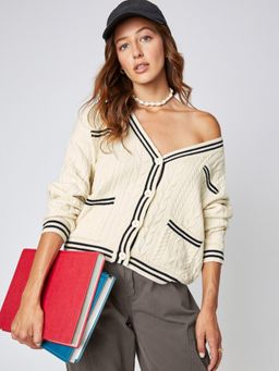 Cider - Cable Knit Contrast Trim Cardigan