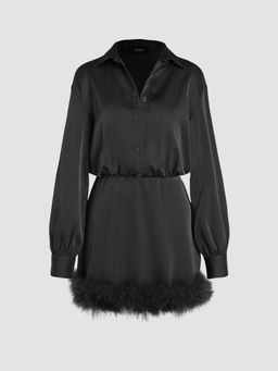 Cider - Faux Feather Trim Collar Short Dress