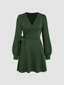 Cider - Solid V Neck Belted Short Dress