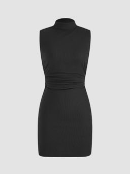 Cider - Solid High Neck Ruched Mini Dress