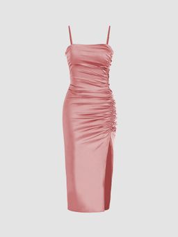 Cider - Solid Satin Ruched Split Midi Cami Dress