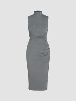 Cider - Solid High Neck Ruched Sleeveless Midi Dress