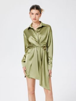 Cider - Satin Collar Button Up Mini Dress