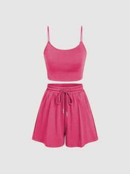 Cider - Pink U Neckline Crop Cami Top and Drawstring Wide Leg Shorts Set (Set of 2)