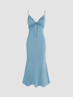 Cider - Satin Knotted Shirred Mermaid Midi Dress