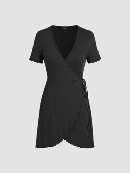 Cider - V Neck Wrap Solid Mini Dress