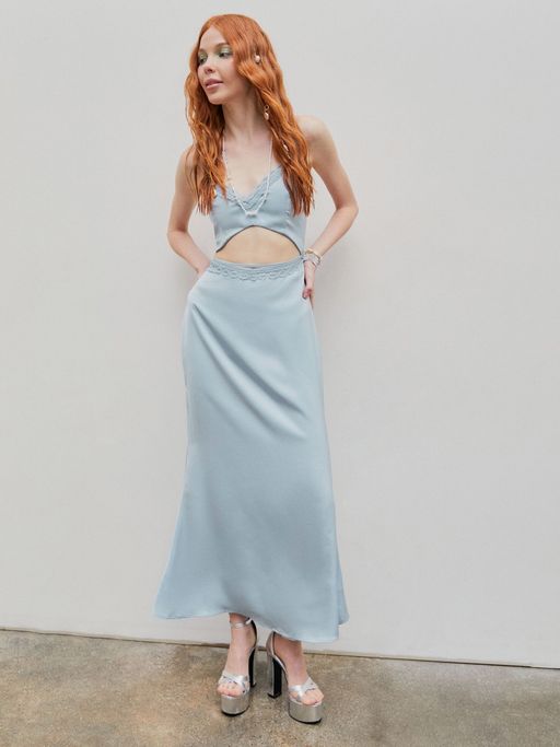 copper sulphate blue dress Parina Powder Blue Strappy Volume-Hem Midi Dress – Club L London main image 1