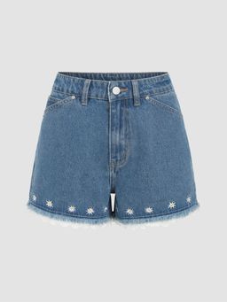 Cider - Denim Floral Fringe Shorts