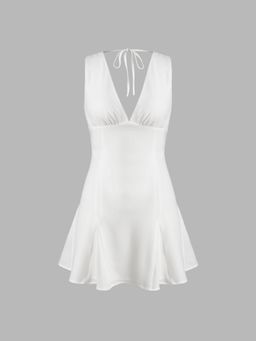 Cider - Plunging Neck Ruffle Knotted Mini Dress