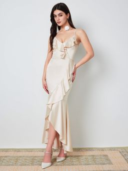 Cider - Dust Pink Ruffle Hem Wrap Satin Midi Dress