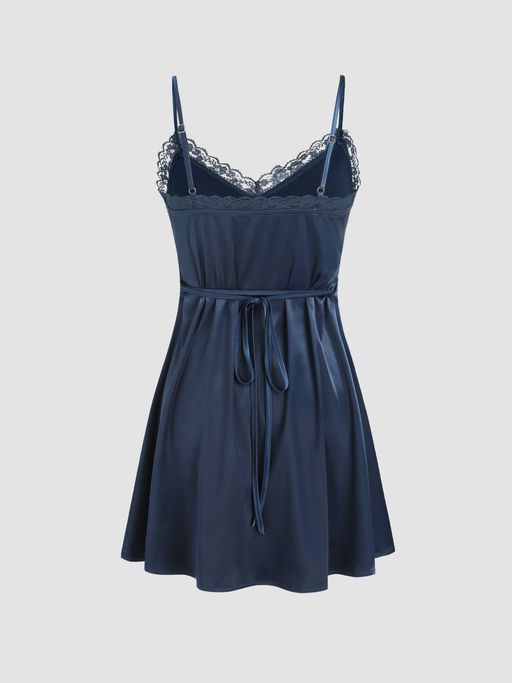 Buy Cider Lace Trim V Neck Tie Back Mini Dress Online