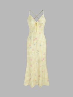 Cider - Floral Check V Neck Knotted Midi Dress