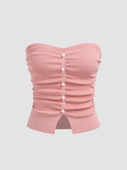 Cider - Faux Pearl Split Ruched Knit Crop Top