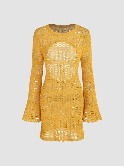 Buy Mustard Knit Crochet Round Neckline Geometric Mini Dress Online