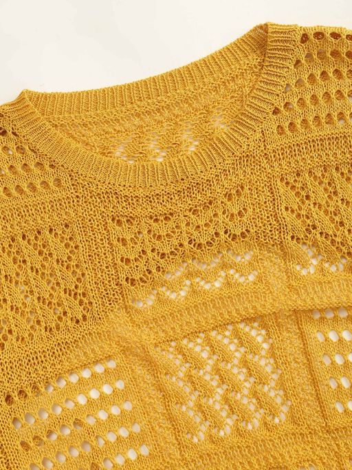 Buy Mustard Knit Crochet Round Neckline Geometric Mini Dress Online