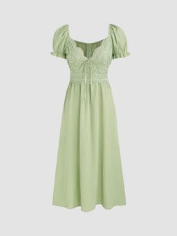 Cider - Rib V Neck Lace Patched Puff Sleeve Midi Dress