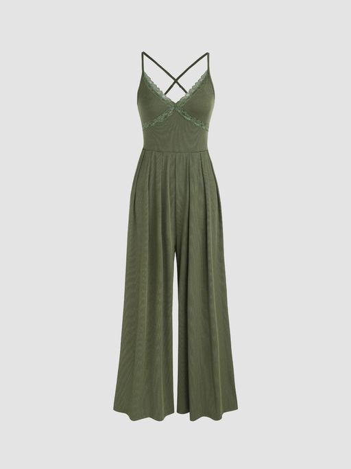 Buy Cider Rib Plunging Neck Lace Pleated Jumpsuit Online