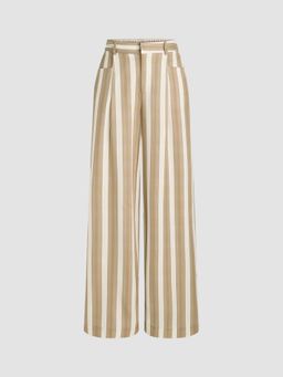 Cider - Beige Mid Waist Striped Wide Leg Trousers