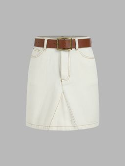 Cider - Solid Denim Mid Waist Mini Skirt With Belt (Set of 2)
