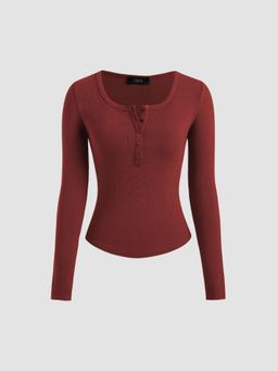Cider - Solid Rib V Neck Long Sleeve Tee