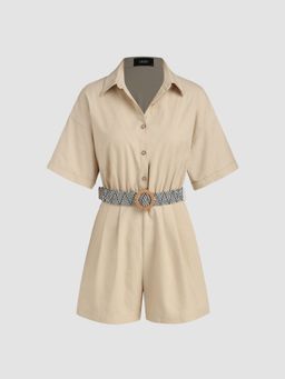 Cider - Solid Linen Blend Collar Pleated Romper With Belt (Set of 2)