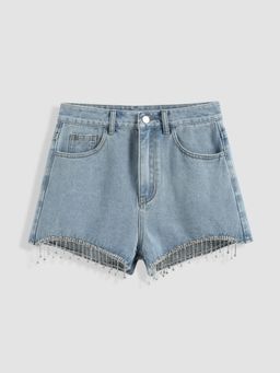 Cider - Denim Rhinestone Decor Tassel Shorts