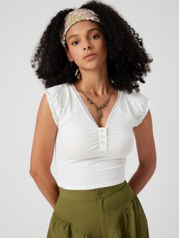 Cider - V Neck Solid Ruched Short Sleeve Top